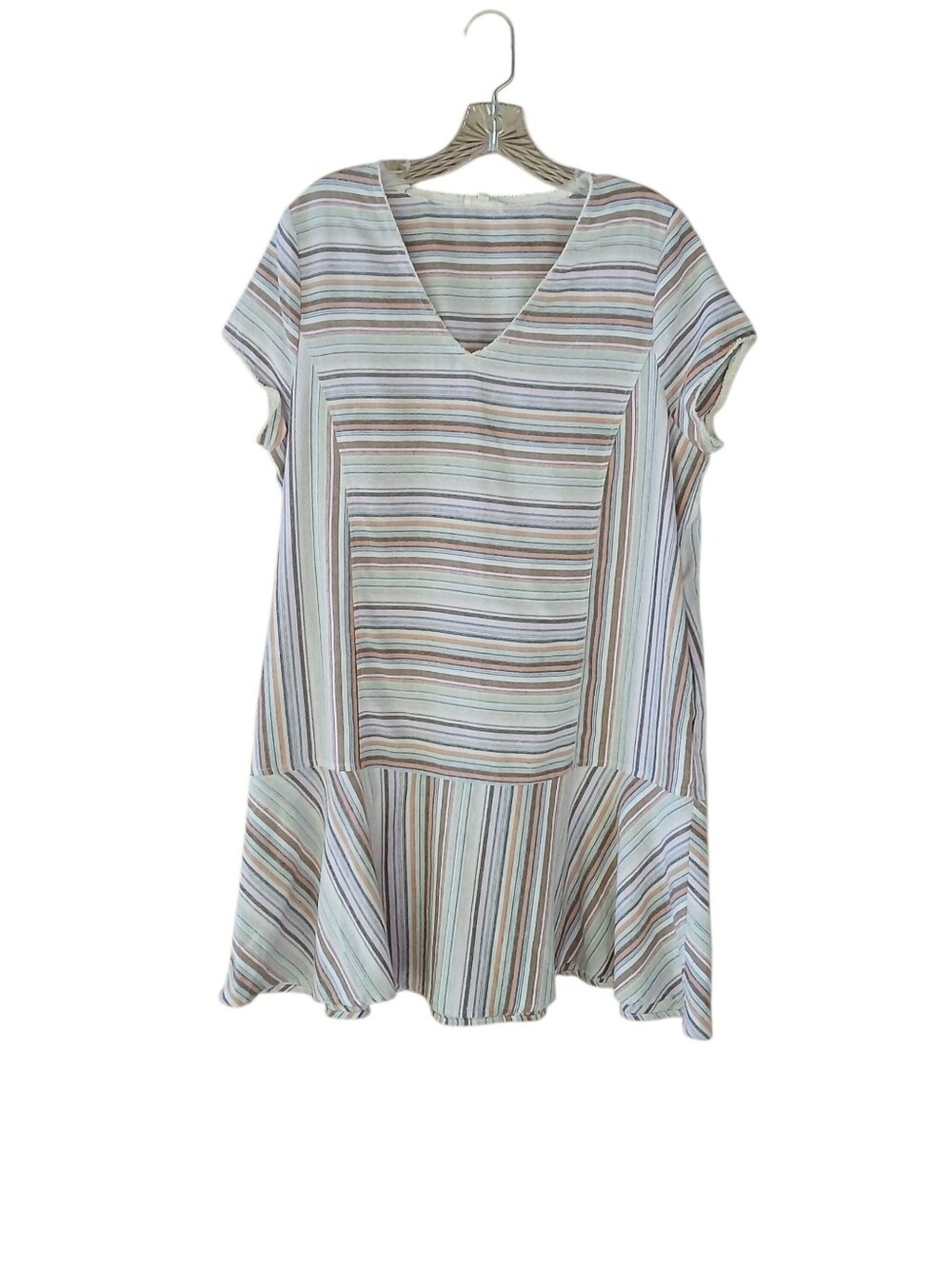 Cotton Bleu Multi Color Striped V Neck Short Sleeved Cotton Linen Dress Medium